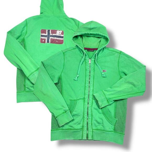 NAPAPIJRI Y2K Hoodie Men Size L Green Flag Patch Full Zip Fleece Norway 2000s - Picture 1 of 12